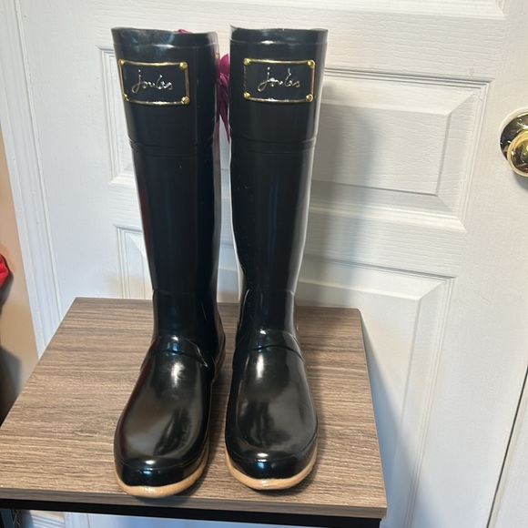 JOULES EVEDON BLACK RUBBER RAIN BOOTS TALL WITH PINK BACK RIBBON IN SIZE 7 - Picture 5 of 13